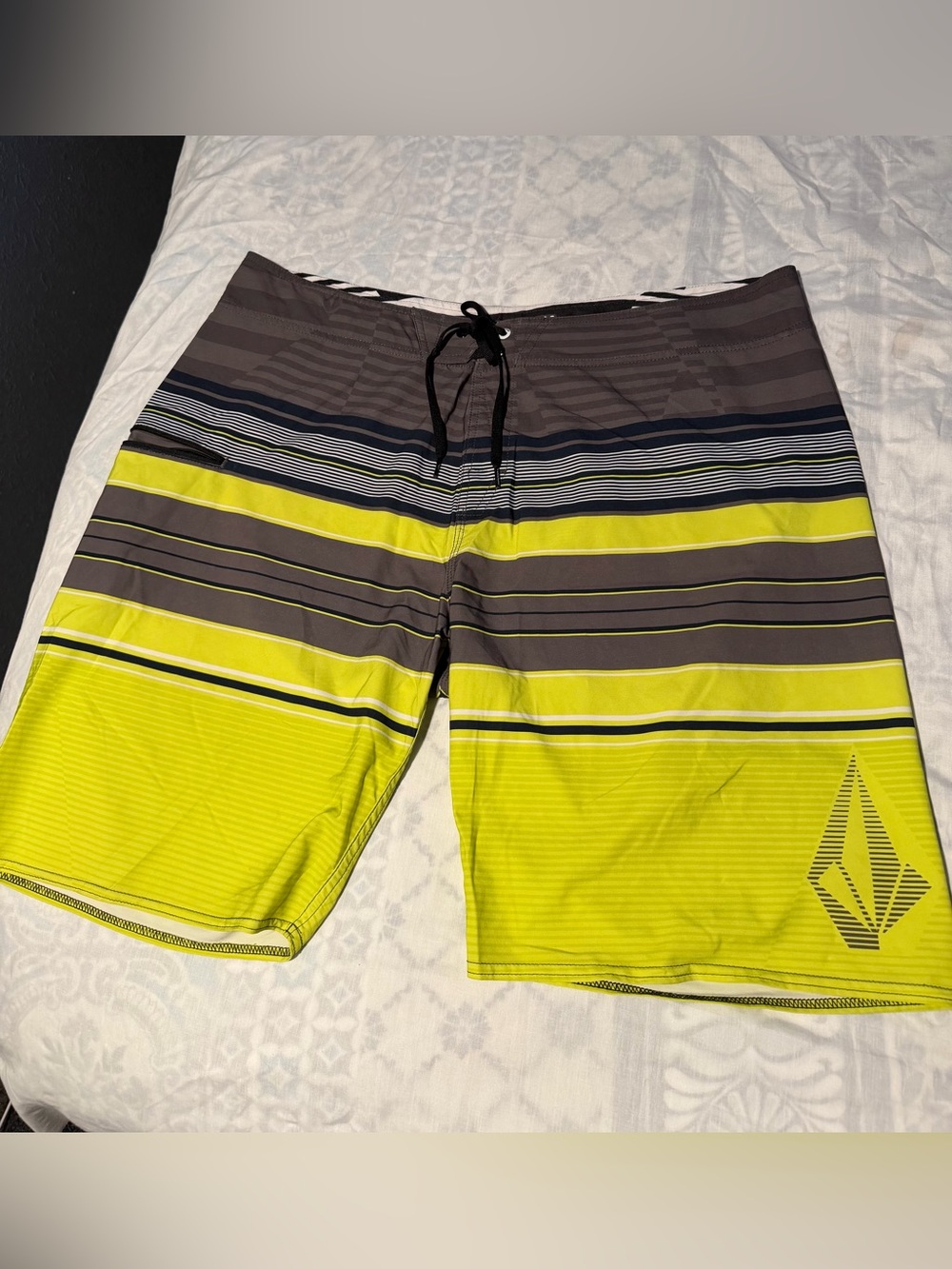 Volcom  4 way stretch Neon Yellow and Gray Striped Swim Board Shorts